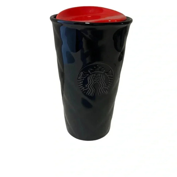 Starbucks Black Diamond Quilted Mermaid Ceramic Tumbler Mug Cup w/ Red Lid 10 oz - Picture 1 of 4
